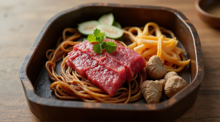 Close-up of a flavorful Asian-style noodle dish, featuring sliced beef, likely a stir-fry or similar preparation, resting on a bed of cooked noodles.の素材