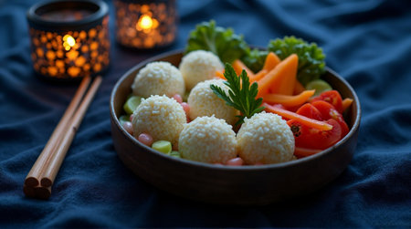 Savor delicious rice balls and fresh vegetables in a dimly lit, cozy setting with warm lantern glowの素材