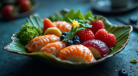 Fresh salmon nigiri sushi and vibrant strawberries artfully arranged on a decorative leaf-shaped plate.の素材