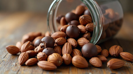 Almonds and chocolate balls spill from a glass jar onto a rustic wooden surfaceの素材