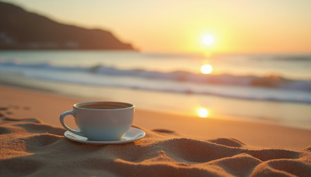 A close-up shot of a cup of coffee on a sandy beach at sunrise.の素材
