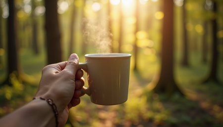Close-up of a hand holding a white mug of steaming coffee or tea outdoors in a forest.の素材