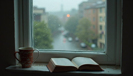 A close-up view of a windowsill with a mug and an open book, bathed in the soft light filtering through a rainy window.の素材