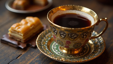 A close-up of a decorative tea cup and saucer with gold trim and intricate floral patterns, resting on a rustic wooden table.の素材