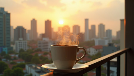 A warm cup of coffee steaming on a balcony, overlooking a city at sunrise.の素材