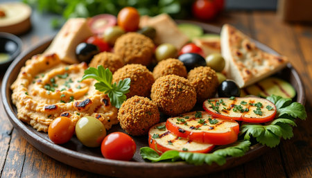 Close-up view of a vibrant Mediterranean mezze platter featuring falafel balls, creamy hummus, grilled vegetables (likely zucchini, tomatoes, and apples), olives, and pita bread.の素材