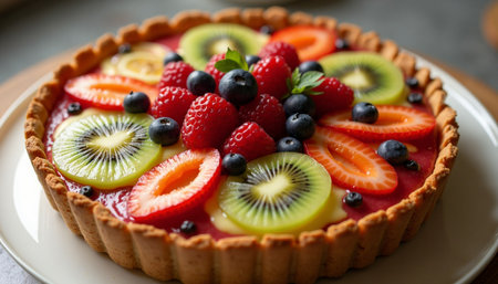 Exquisite fruit tart showcasing vibrant kiwi, strawberry, raspberry, and blueberry on a crisp crust, a delicious dessert.の素材