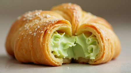 Close-up of a freshly baked croissant, split open to reveal a generous filling of vibrant lime green cream.の素材