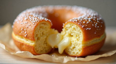 Delicious donut filled with cream and topped with sugar sprinkles, presented on a paper wrapper for a delightful treat.の素材