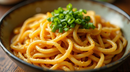 Delicious savory noodles with fresh green scallions, a comforting and flavorful meal.の素材