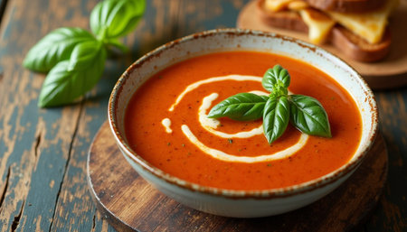 A close-up shot of a bowl of vibrant orange tomato soup.の素材