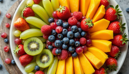 A vibrant and appetizing display of fresh fruit, arranged in a beautiful, radiating pattern on a white platter.の素材