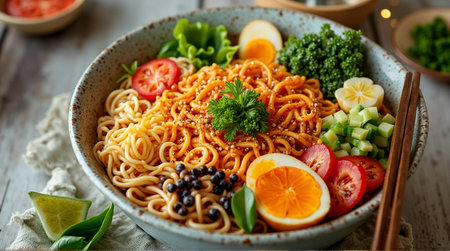 Savor a vibrant bowl of delicious ramen noodles, perfectly prepared with fresh ingredients and savory sauce.の素材