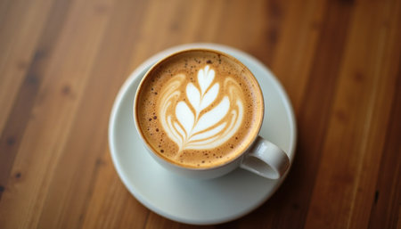 Close-up of a latte with intricate leaf-shaped latte art, showcasing the smooth texture of the coffee foam.の素材