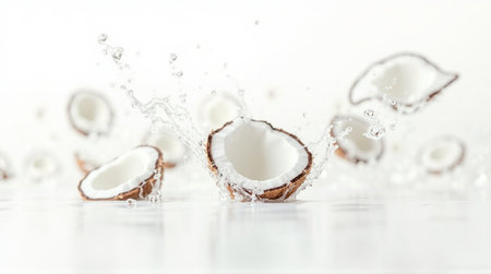 Fresh coconuts splashing into crystal clear water creating refreshing movement and purityの素材