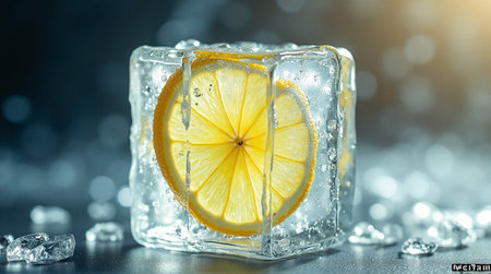 Bright yellow lemon slice encased in clear ice, perfect for summer refreshment and vibrant cocktail adsの素材