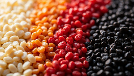 Granules in white, orange, red, and black create an abstract background for industrial or chemical applications, highlighting material scienceの素材