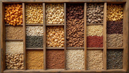 Assortment of colorful legumes and grains arranged beautifully in a wooden box, creating a rustic and natural food display.の素材