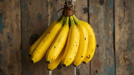 Bright yellow bananas hanging on rustic wood evoke healthy eating and tropical vibes for summer smoothiesの素材