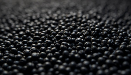 Close up shows plentiful heap of black peppercorns, a flavorful and aromatic spice ingredient used widely in international cuisine.の素材