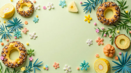 A vibrant and whimsical flat lay composition featuring miniature pineapple-shaped donuts, slices of pineapple, and colorful flowers and tropical leaves arranged on a pastel green background.の素材