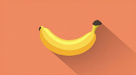 A vibrant, simple illustration of a single, ripe banana positioned diagonally on a soft coral-colored background.の素材