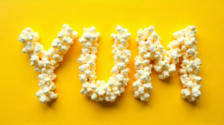 Delicious popcorn spells YUM on bright yellow background, perfect for movie night snack promotionの素材