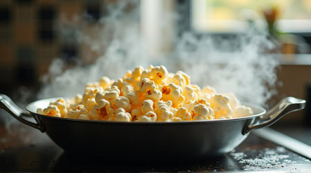 Hot, steamy popcorn overflowing from a skillet ready for movie night or tasty snack craving fulfilledの素材