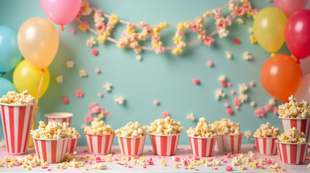 Colorful birthday party scene with popcorn and balloons for festive celebration backdrop or invitation designの素材