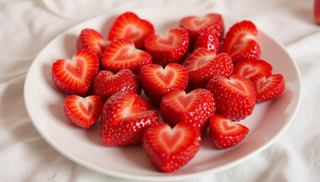 Fresh, ripe strawberries cut into heart shapes sit on a white plate, celebrating love and healthy eating.の素材