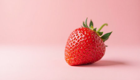 Fresh strawberry with vibrant red color stands out against soft pink background, showcasing natural sweetness and appeal.の素材