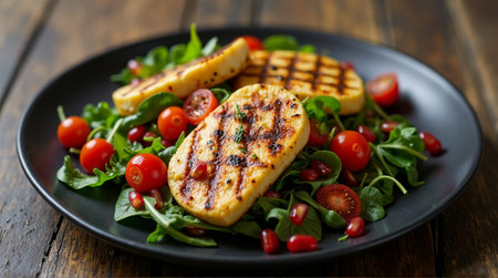 Grilled halloumi cheese salad with fresh arugula, cherry tomatoes, and pomegranate seeds served on a dark plate.の素材