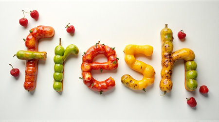 Creative fruit typography spells fresh on a clean background, showing the beauty of healthy, delicious eating with natural colorsの素材