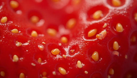 A detailed close up reveals the texture and seeds of a ripe, juicy red strawberry, showcasing its deliciousness and freshness.の素材