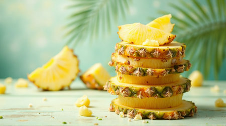 Stack of pineapple rings creates a summery tropical feel with vibrant color, freshness, and inviting presentation of the healthy fruit.の素材