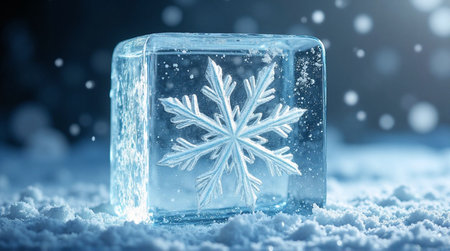 Capture the serene beauty of winter with a delicate snowflake frozen inside a crystal clear ice cubeの素材