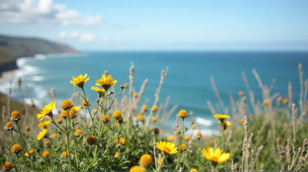 Vibrant yellow wildflowers bloom on a sunny coast with clear blue ocean views for a scenic escapeの素材