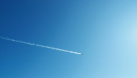 A small, red airplane is high in a vast, clear, and vibrant blue sky, leaving a visible vapor trail.の素材