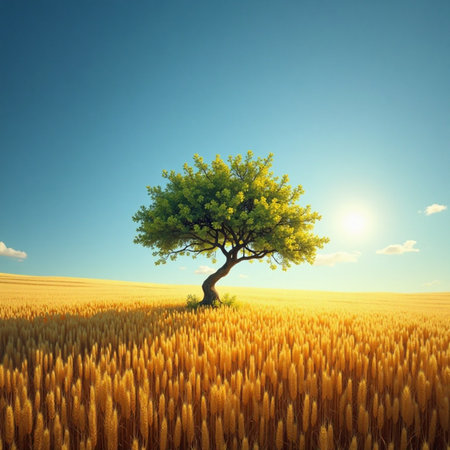 A serene and picturesque image of a lone tree in a vast field of ripe golden wheat.の素材