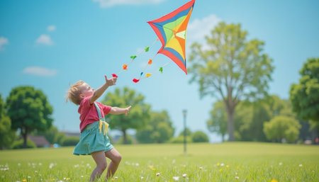 A young child, dressed in a vibrant pink top and teal skirt, is joyfully flying a colorful kite in a park on a beautiful sunny day.の素材