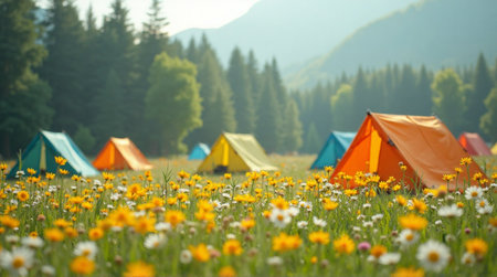 Vibrant camping scene with colorful tents nestled in a wildflower meadow at dawnの素材