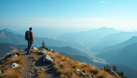 A hiker with a backpack stands atop a mountain ridge, gazing out at a vast, panoramic vista of rolling hills and valleys.の素材