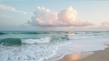 Dreamy beach scene with gentle waves and pastel sunset clouds for tranquil summer vibeの素材