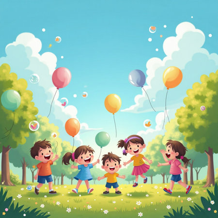 A joyful illustration depicts a group of children playing outdoors in a park.の素材
