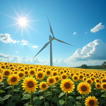 A stunning image of a wind turbine positioned amidst a vast field of sunflowers under a clear blue sky dotted with fluffy white clouds.の素材
