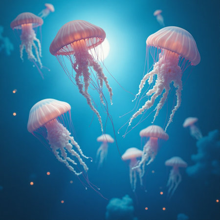 A captivating image of multiple pink jellyfish gracefully drifting in a deep blue ocean environment.の素材