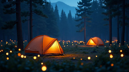 Cozy orange tents glow warmly in a dark forest campsite illuminated by magical fairy lightsの素材