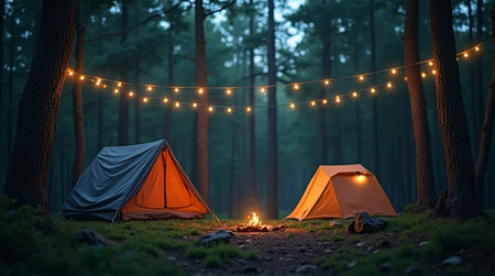 Cozy forest campsite with glowing string lights and warm tents creating magical evening ambianceの素材