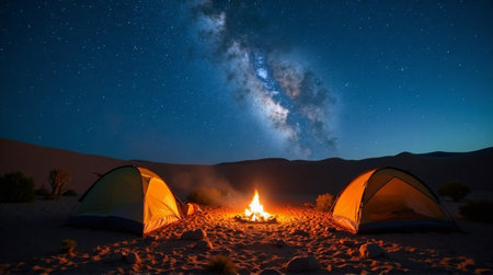 Experience magical desert nights camping under the stunning Milky Way with a cozy campfire glowing.の素材