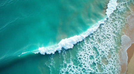 Stunning turquoise ocean wave crashing onto sandy beach creating dynamic coastal scene for travel and summer vibesの素材